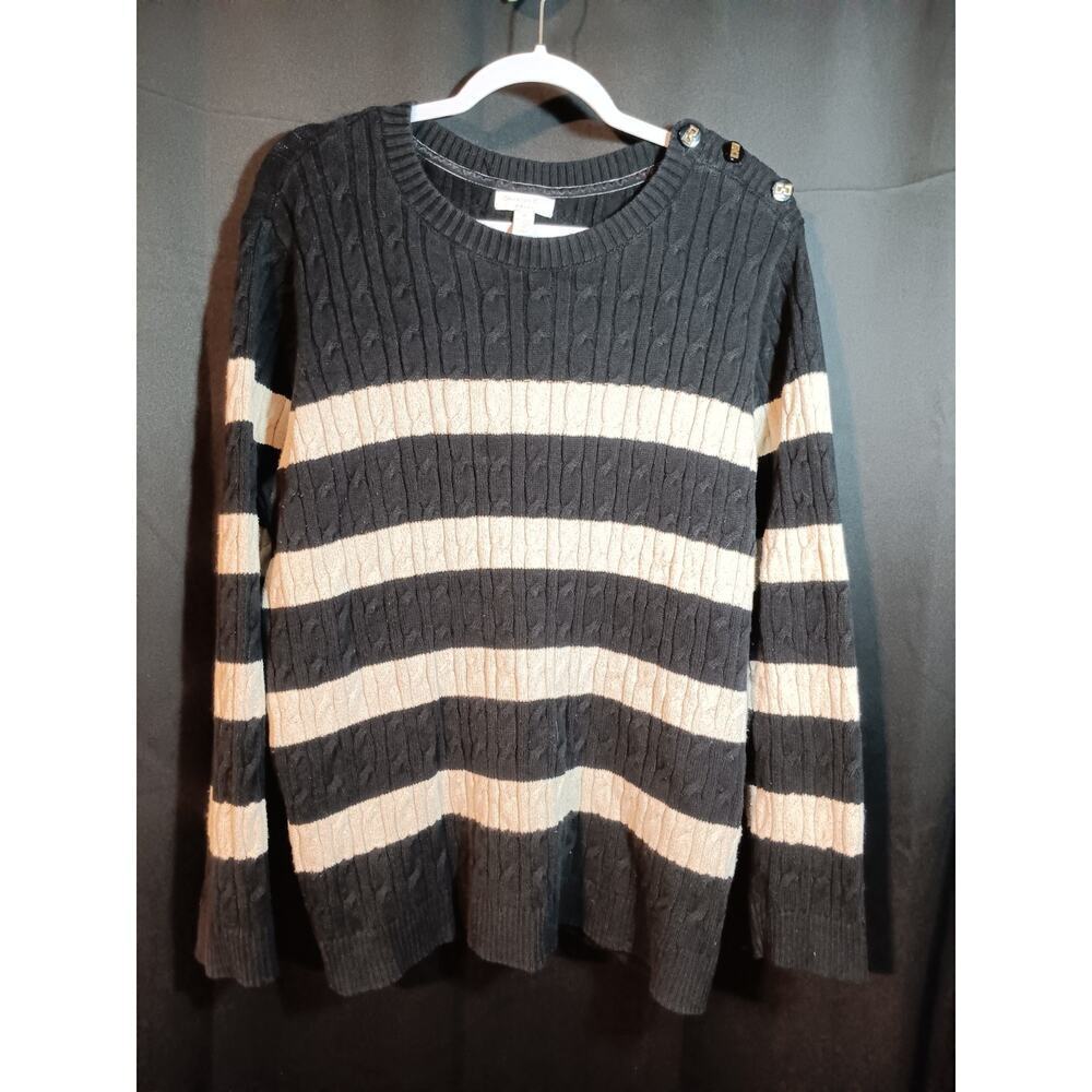 Charter Club 3XL Womens Black Ivory Glitter Striped Cable Knit Sweater Top Work